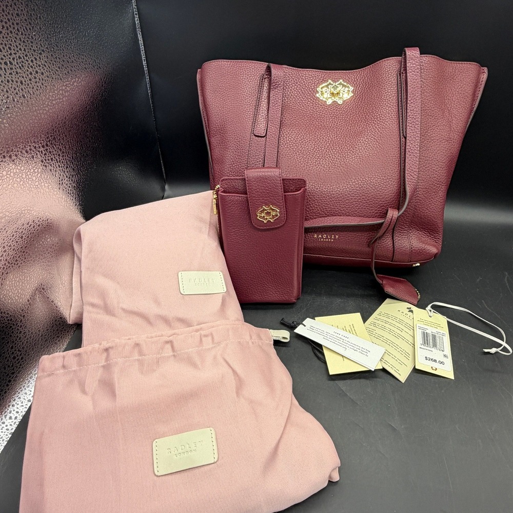 RADLEY LONDON Museum Street Tote Bag Pebbled Leather Footed‎ Burgundy w/wallet